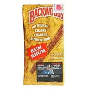 Authentic pack of Rum Rhum flavored Backwoods cigars with dark natural leaf.