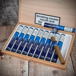 J. Cortes High Class Sumatran Cigars in signature blue packaging for European distribution.