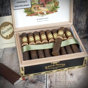Brick House Maduro Robusto cigars with dark Brazilian Maduro wrapper displayed, rich smoke texture. Brick House Maduro Robusto Cigars – Premium Nicaraguan Maduro Online.