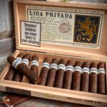 Liga Privada Unico Serie premium Nicaraguan cigars in dark wooden box.