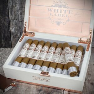 Rocky Patel White Label Robusto premium cigar with white and gold band.